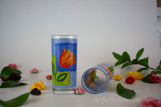 One glass: highball with tulips, opaque blue background -  - #tag1# - #tag2# - #tag3# - #tag4# - the Artful Accumulator's Vintage Boutique