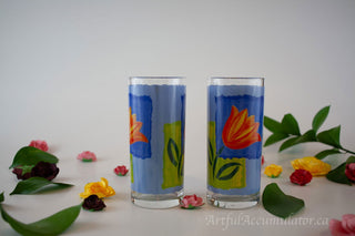 One glass: highball with tulips, opaque blue background -  - #tag1# - #tag2# - #tag3# - #tag4# - the Artful Accumulator's Vintage Boutique