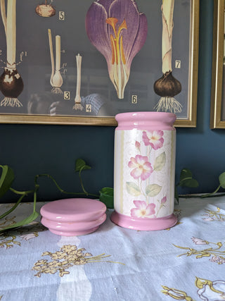 90's pink lidded ceramic storage jar with floral motif
