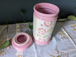 90's pink lidded ceramic storage jar with floral motif