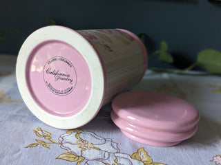 90's pink lidded ceramic storage jar with floral motif