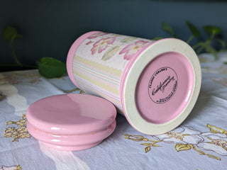 90's pink lidded ceramic storage jar with floral motif