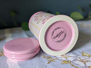 90's pink lidded ceramic storage jar with floral motif