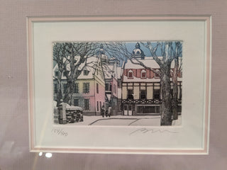 ARTWORK intaglio neighborhood snow and houses in a neighborhood
