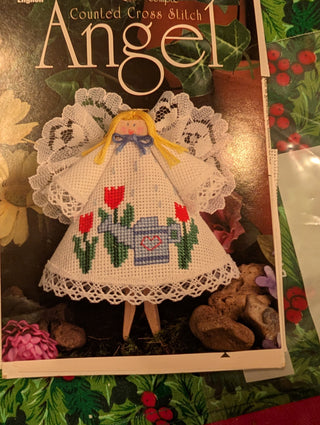 set of 2, Cross-stitch kit: Clothespin Angels, vintage