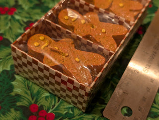 Gingerbread Man Holiday Christmas Candles in red and white checked box