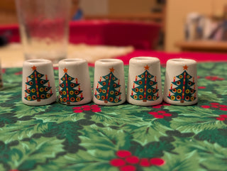 set of 6, Tiny Candle Holders Adorned with Christmas Trees
