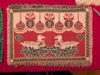 set of 2, Woven Placemats, Christmas Themed, Two ducks and ornaments, frayed edges