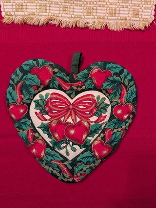 Christmas Heart-shaped Pot Holder with bow, berries, hearts, and holly