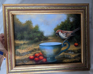 Artwork: Hand painted still life with bird, berries, and teacup (horz) on board, stunning