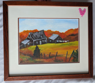 Artwork: Barn in Field, Acrylic (horz) original, heart on glass, barn, field