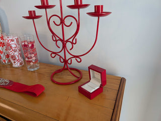 Red Ring Box made with hard plastic, metal hinge, clamshell style