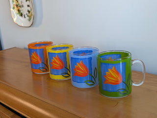 Tulip design on vintage glass mugs in 4 bright colors (set of 4)