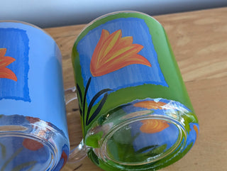 Tulip design on vintage glass mugs in 4 bright colors (set of 4)