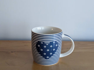 Lovely mug with a heart, flowers, and blue & white stripes