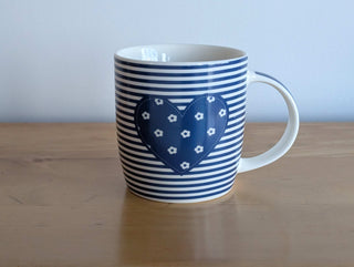 Lovely mug with a heart, flowers, and blue & white stripes