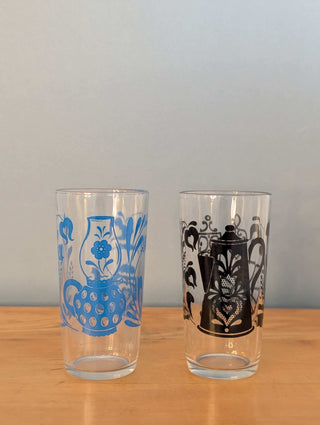 Glassware with tea kettle decals, set of 2 complementary designs