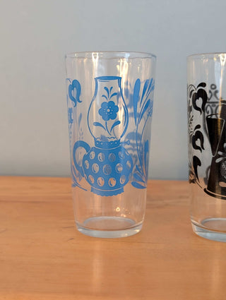 Glassware with tea kettle decals, set of 2 complementary designs