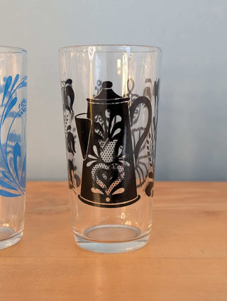 Glassware with tea kettle decals, set of 2 complementary designs