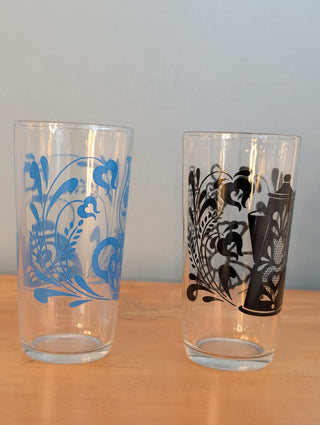 Glassware with tea kettle decals, set of 2 complementary designs
