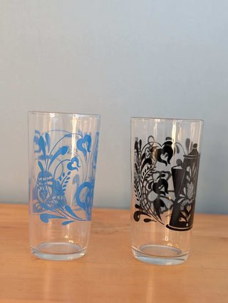 Glassware with tea kettle decals, set of 2 complementary designs