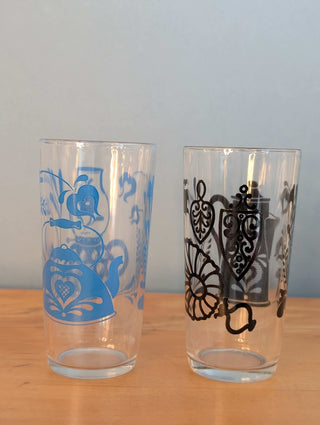 Glassware with tea kettle decals, set of 2 complementary designs