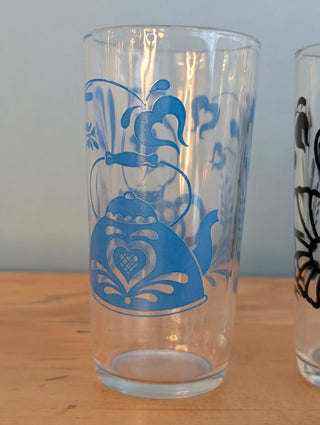 Glassware with tea kettle decals, set of 2 complementary designs