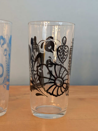 Glassware with tea kettle decals, set of 2 complementary designs