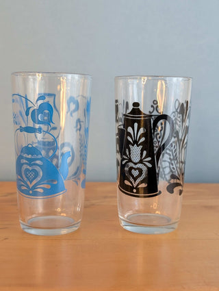 Glassware with tea kettle decals, set of 2 complementary designs