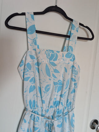 Dress - apron style - bright blue roses on a bright white, unlined lightweight fabric