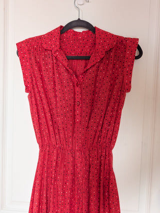 Abelia - button up fit & flare shirt dress with pockets - red light fabric with dots (dark blue, light red, dark green, white)