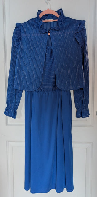 fit & flare dress with shawl - Rich blue with sparkling blue vertical lines