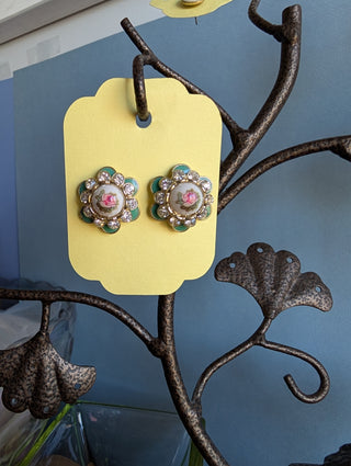 (Reserved) Rose, blue-green, and rhinestone vintage earrings (studs) on gold-colored metal
