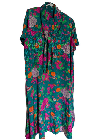 Shiny turquoise Muumuu by Leonard with flowers and teacups