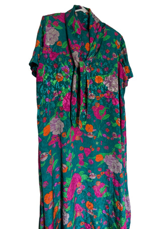 Shiny turquoise Muumuu by Leonard with flowers and teacups