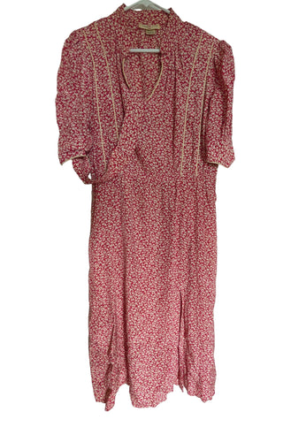 Red and cream dress by aquarelle with berries and leafy branch pattern