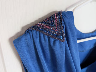 Cobalt Blue blouse with glittery blue shoulder pads and draped back