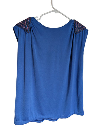 Cobalt Blue blouse with glittery blue shoulder pads and draped back