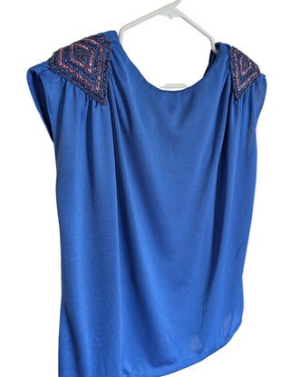 Cobalt Blue blouse with glittery blue shoulder pads and draped back