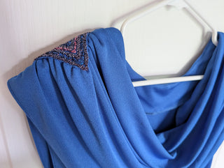 Cobalt Blue blouse with glittery blue shoulder pads and draped back