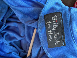 Cobalt Blue blouse with glittery blue shoulder pads and draped back