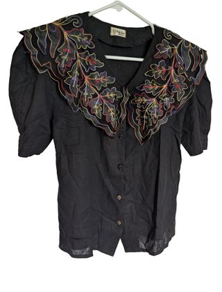 puffy short sleeve black blouse with large embroidered leafy collar