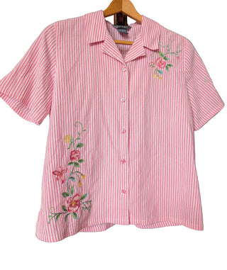 Striped pink and white embroidery flowers button up short sleeve shirt