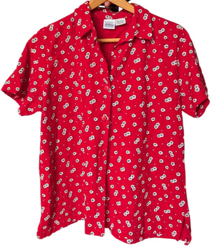 Red Button up shirt with blue and white flowers Short sleeve