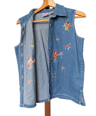 Embroidered butterfly and flowers denim sleeveless button up shirt vest