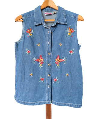 Embroidered butterfly and flowers denim sleeveless button up shirt vest