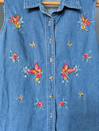 Embroidered butterfly and flowers denim sleeveless button up shirt vest