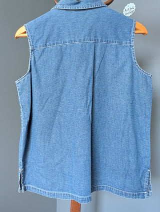 Embroidered butterfly and flowers denim sleeveless button up shirt vest