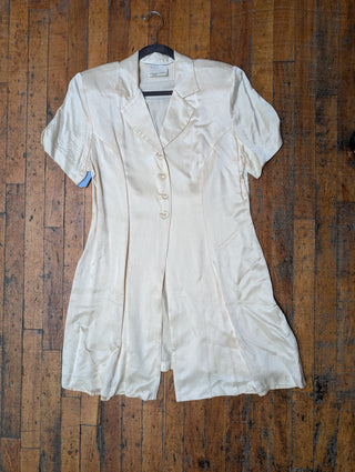 Creamy shiny button up vintage dress or jacket with clear faceted crystal buttons