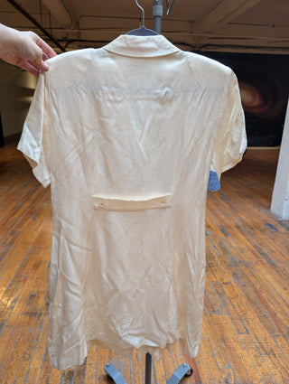 Creamy shiny button up vintage dress or jacket with clear faceted crystal buttons